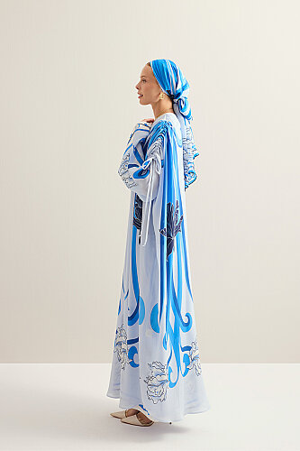 Yeni Dünya Mavi Krep İpek Abaya - 8