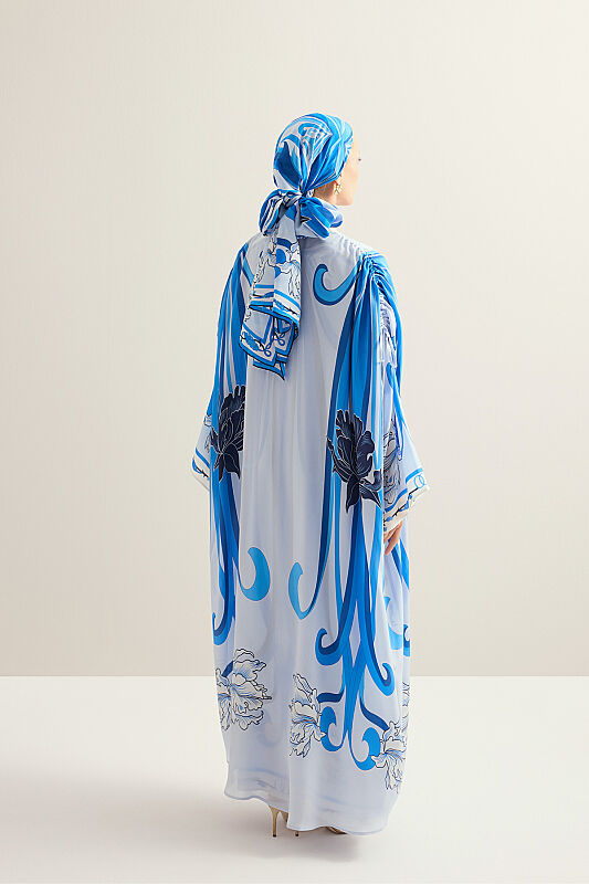 Yeni Dünya Mavi Krep İpek Abaya - 5
