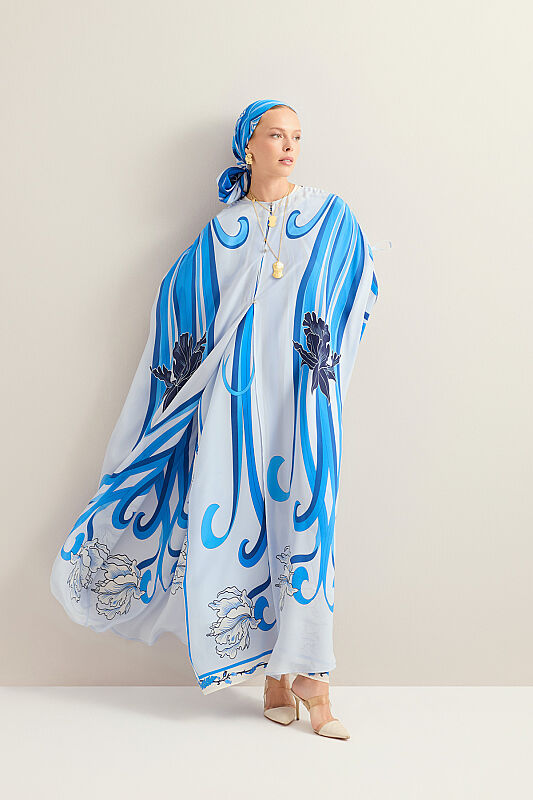 Yeni Dünya Mavi Krep İpek Abaya - 1