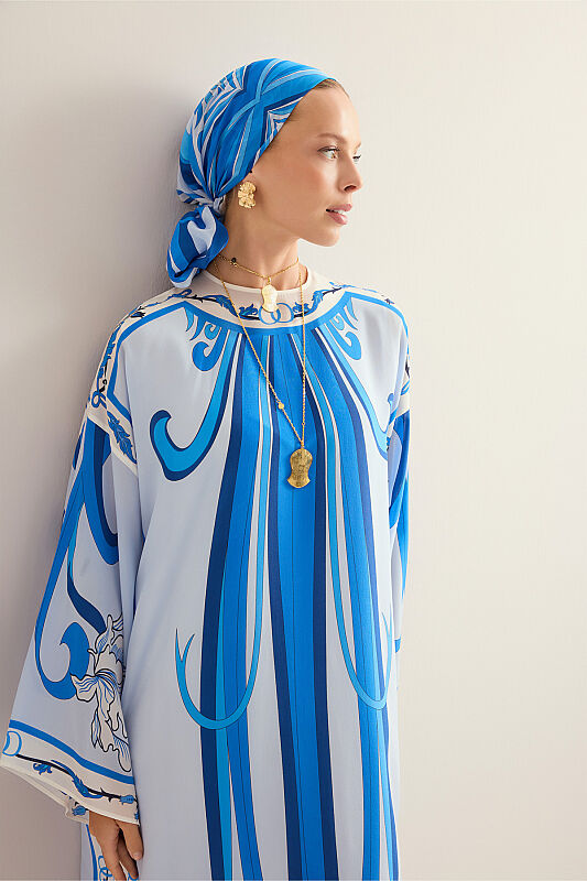 Yeni Dünya Mavi Krep İpek Elbise - 1