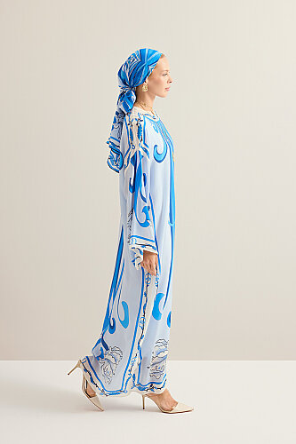 Yeni Dünya Mavi Krep İpek Elbise - 7