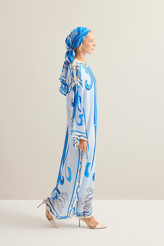 Yeni Dünya Mavi Krep İpek Elbise - 7