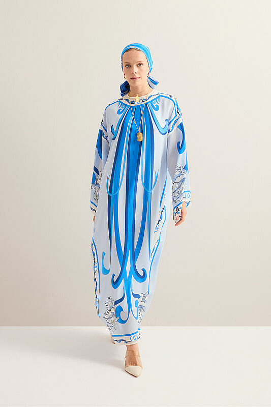 Yeni Dünya Mavi Krep İpek Elbise - 5