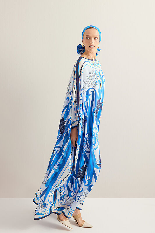 Yeni Dünya Mavi Krep İpek Kaftan - 7