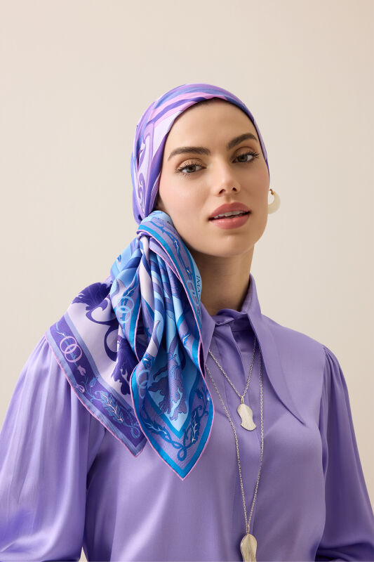 Yeni Dünya Mor-Mavi Çift Taraflı Tivil İpek Eşarp 94x94 - 3