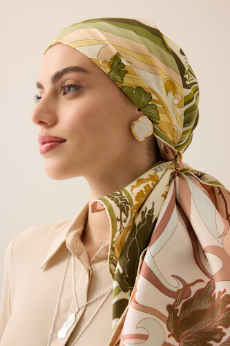 Yeni Dünya Somon-Sarı Çift Taraflı Tivil İpek Eşarp 94x94 - 6