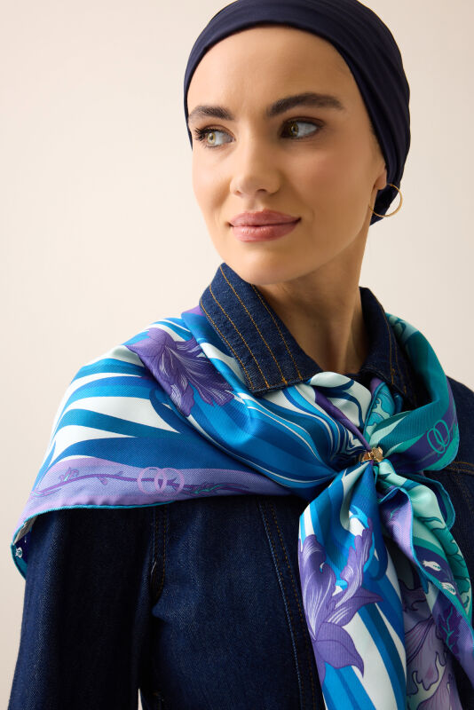 Yeni Dünya Turkuaz-Fuşya Çift Taraflı Tivil İpek Eşarp 94x94 - 1