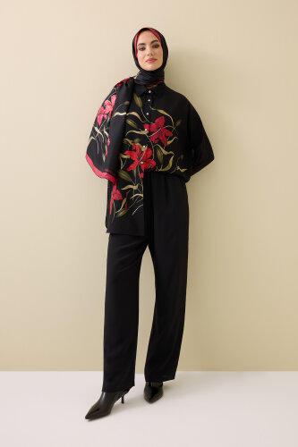 Zambak Black-Red Silk Shirt Pajamas - Imannoor