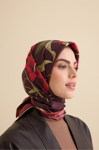 Zambak Bordo Tivil İpek Eşarp 90x90 - 5