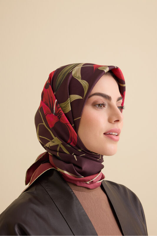 Zambak Bordo Tivil İpek Eşarp 90x90 - 5