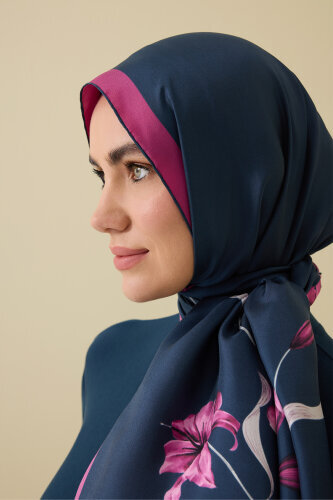 Zambak Lacivert-Fuşya İpek Elbise Şalı 70x210 - Imannoor (3)