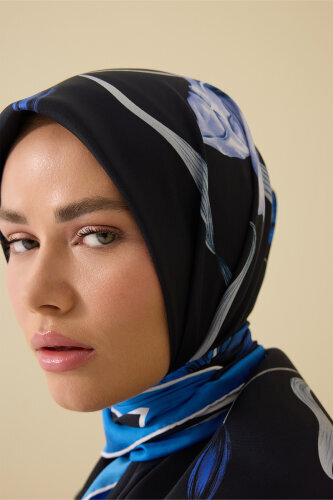 Zambak Lacivert Tivil İpek Eşarp 90x90 - Imannoor (3)