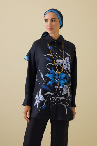 Zambak Navy Blue Silk Shirt Pajamas - 5