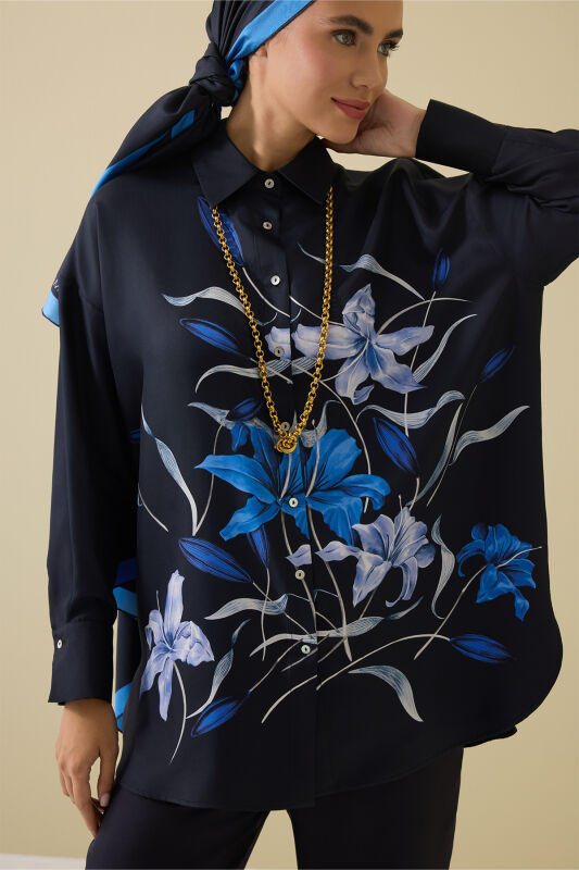 Zambak Navy Blue Silk Shirt Pajamas - 1