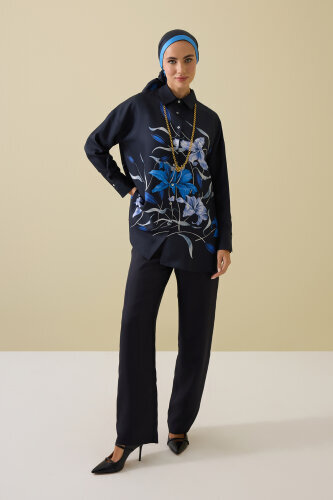 Zambak Navy Blue Silk Shirt Pajamas - 3