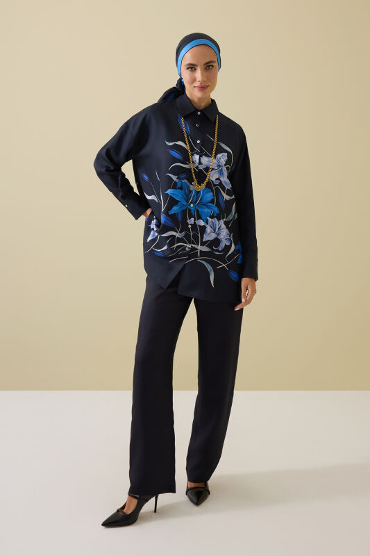 Zambak Navy Blue Silk Shirt Pajamas - 3