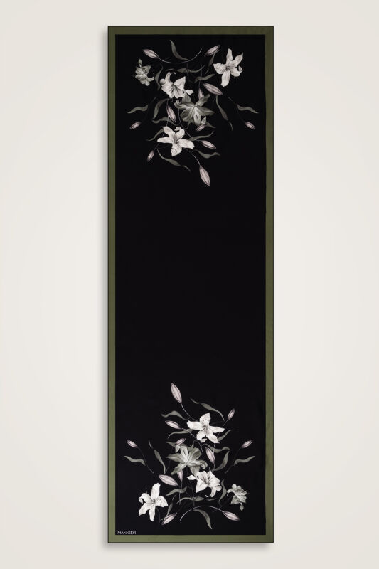 Zambak Siyah-Yeşil İpek Elbise Şalı 70x210 - 2