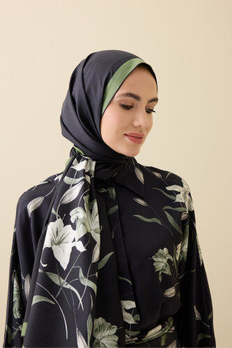 Zambak Siyah-Yeşil İpek Elbise Şalı 70x210 - Imannoor (3)
