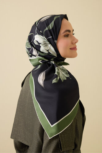 Zambak Siyah-Yeşil Tivil İpek Eşarp 90x90 - Imannoor (3)