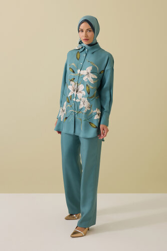 Zambak Turkuaz Düz Renk İpek Pantolon - Imannoor (1)