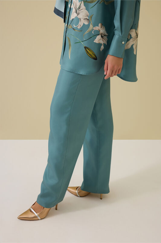 Zambak Turquoise Solid Color Silk Trousers - 3