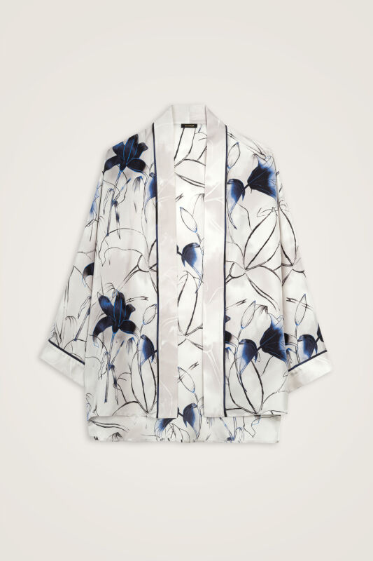 Zambaklar Açarken Gümüş Tivil İpek Kısa Kimono - 1