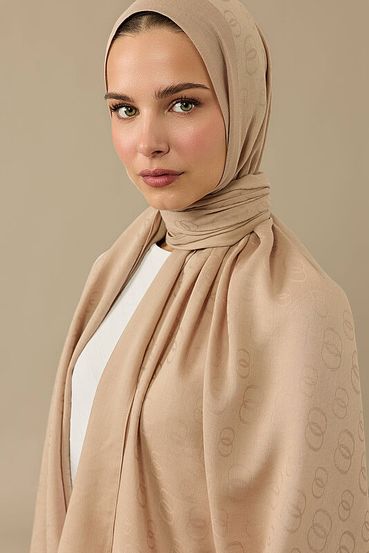 Zincir Desen Bej Pamuk İpek Şal 70x210 - 6
