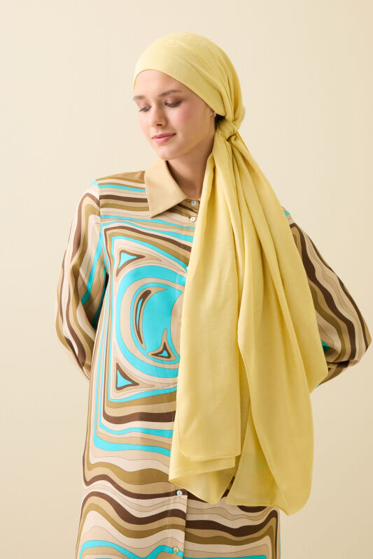 Zincir Desen Limon Sarısı Pamuk İpek Şal 70x210 - 1