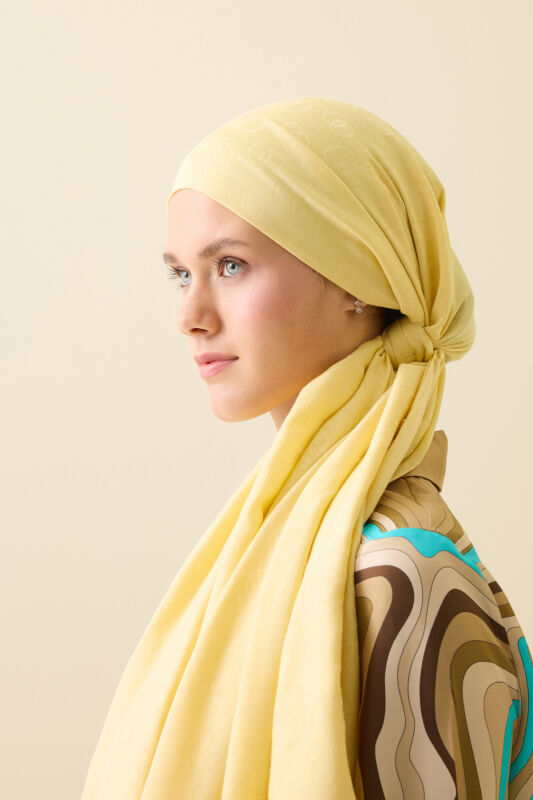 Zincir Desen Limon Sarısı Pamuk İpek Şal 70x210 - 3