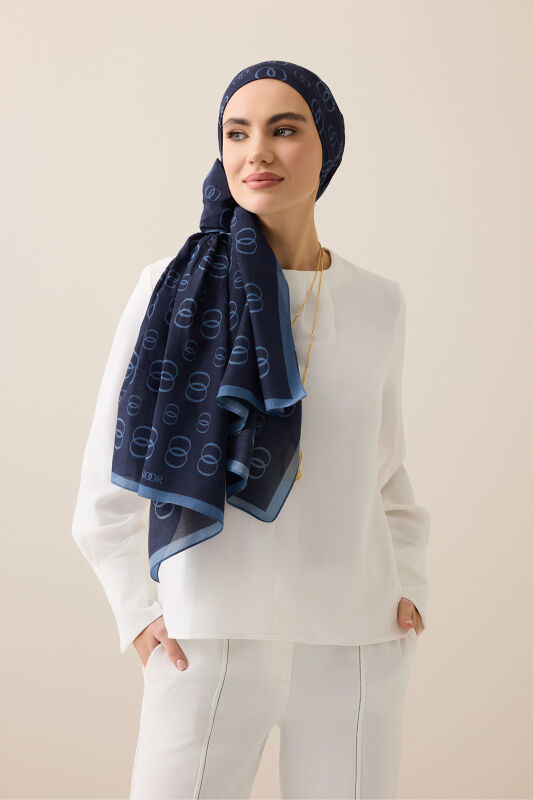Zincir Logo Lacivert Pamuk Floş Şal 70x210 - 5