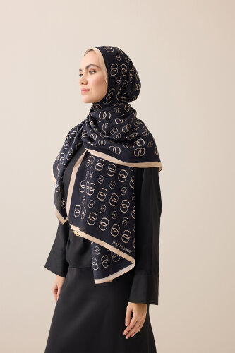 Zincir Logo Siyah-Krem Pamuk Floş Şal 70x210 - Imannoor