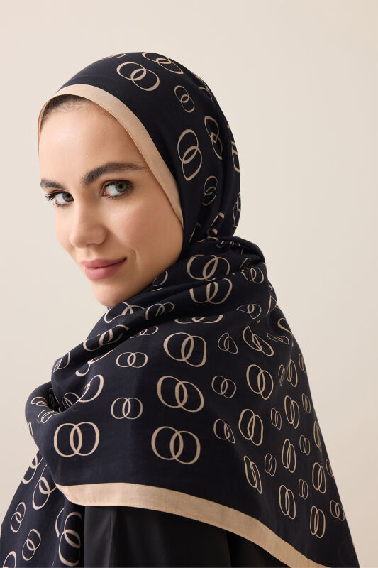 Zincir Logo Siyah-Krem Pamuk Floş Şal 70x210 - 3