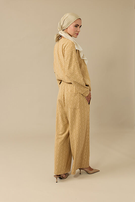Zincir Monogram Bej Jakar Örme Pantolon - 3