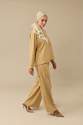 Zincir Monogram Bej Jakar Örme Pantolon - Imannoor (2)