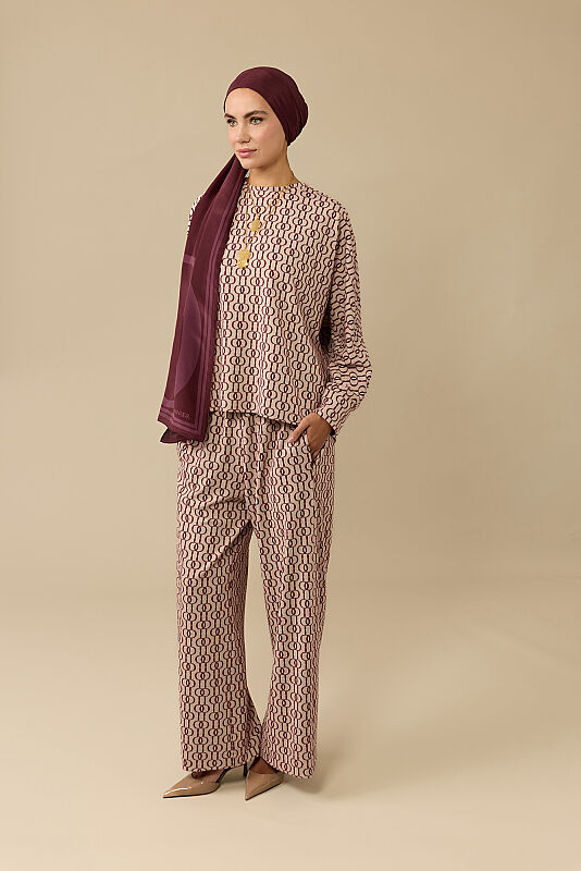 Zincir Monogram Bordo Jakar Örme Pantolon - 3