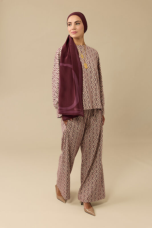 Zincir Monogram Bordo Jakar Örme Pantolon - 1