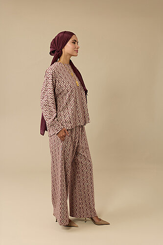 Zincir Monogram Bordo Jakar Örme Pantolon - 5