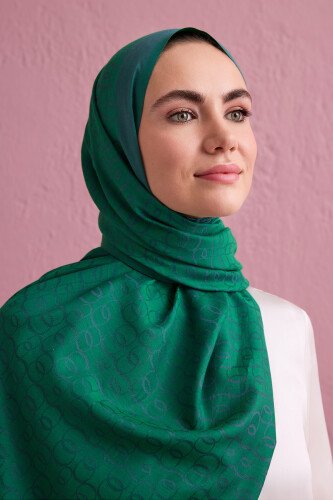 Zincir Monogram Lacivert-Yeşil Pamuk İpek Şal 80x210 - 3