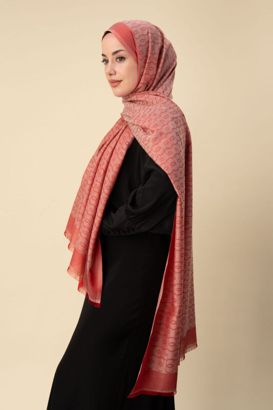 Zincir Monogram Mercan Pamuk İpek Şal 80x210 - 3